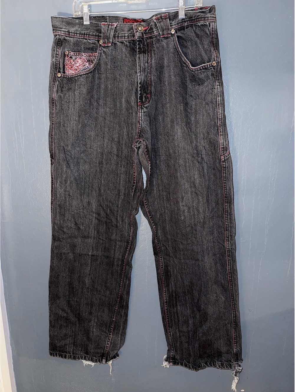 Mecca Black Denim Jeans with Red Stitching and Embroidered Pockets